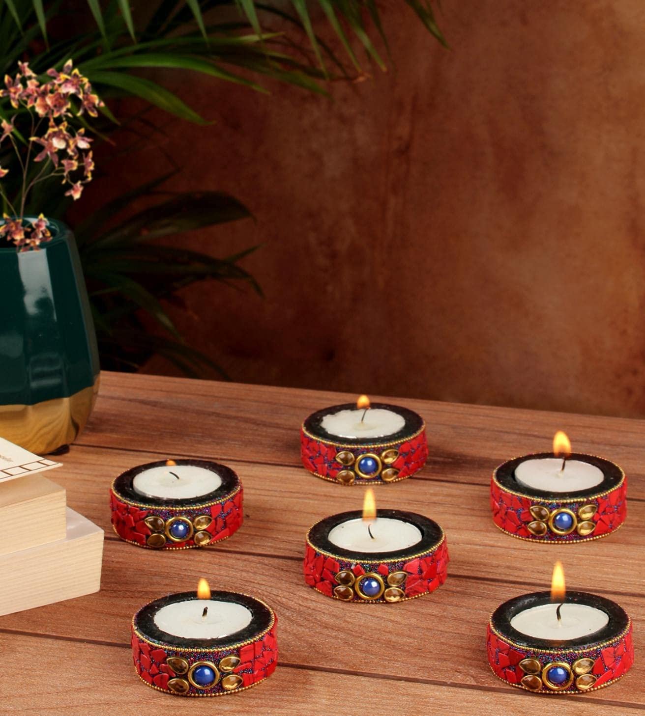 INDICAST Red Wooden Stone Candle Set