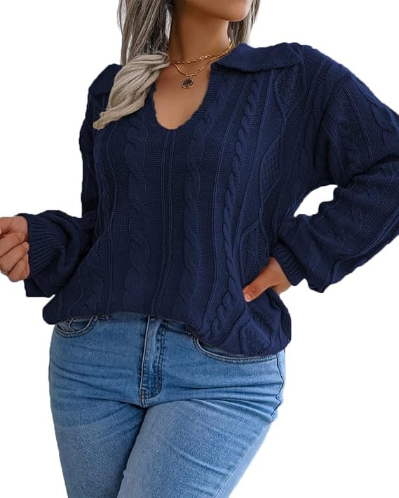 Allaruna Plus Size Cable Knit Polo V Neck Chunky Sweaters for Women