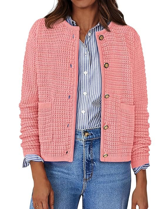 BTFBM Women’s Fall Chunky Knit Cardigan Button-Down Tweed Jacket