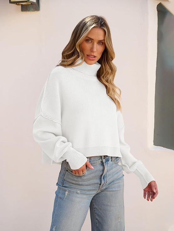 MEROKEETY Women’s Turtleneck Cropped Sweater Batwing Sleeve Knit Top