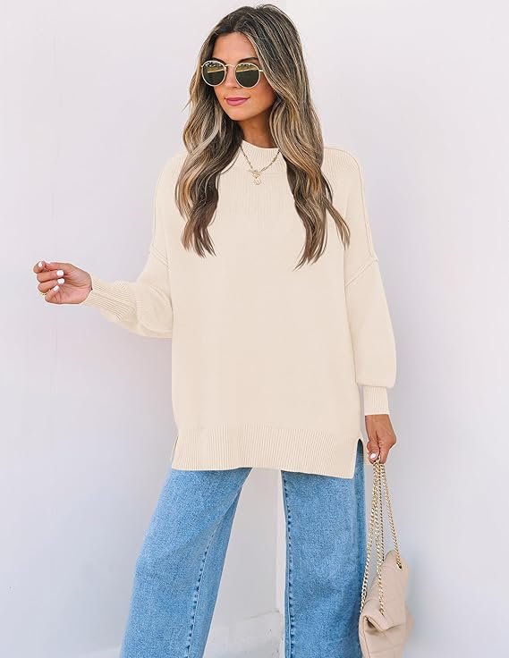 ZESICA Women’s Fall Oversized Ribbed Knit Pullover Sweater with Side Slit