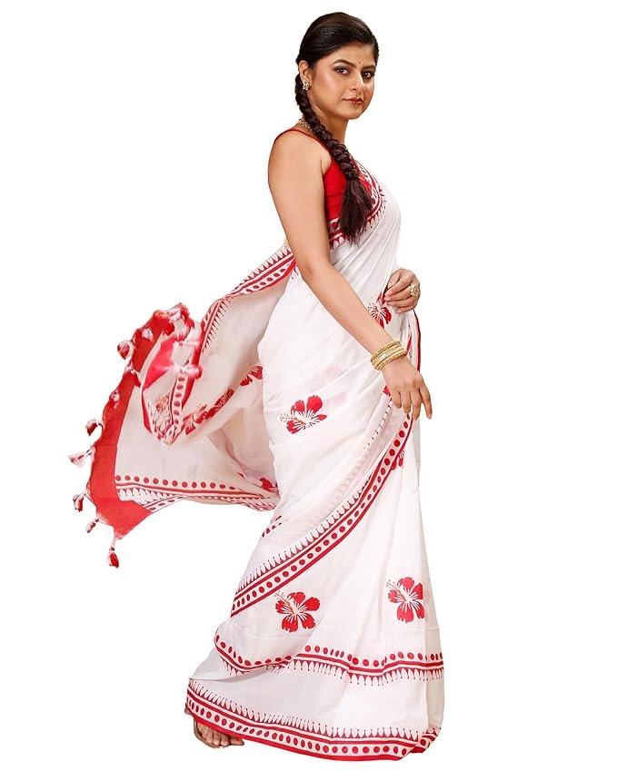 T.J. Sarees White & Red Handloom Cotton Saree